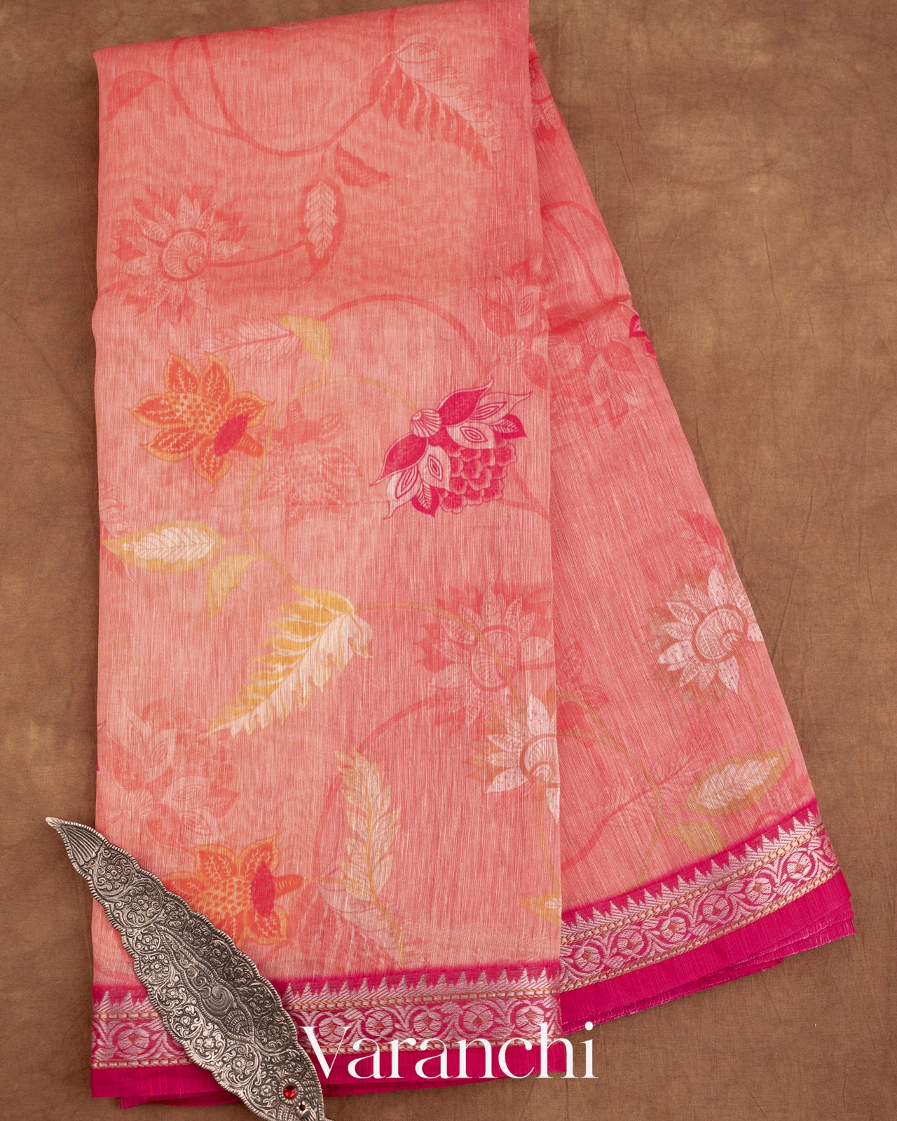 Coral Pink Printed Pure Silk Linen Saree