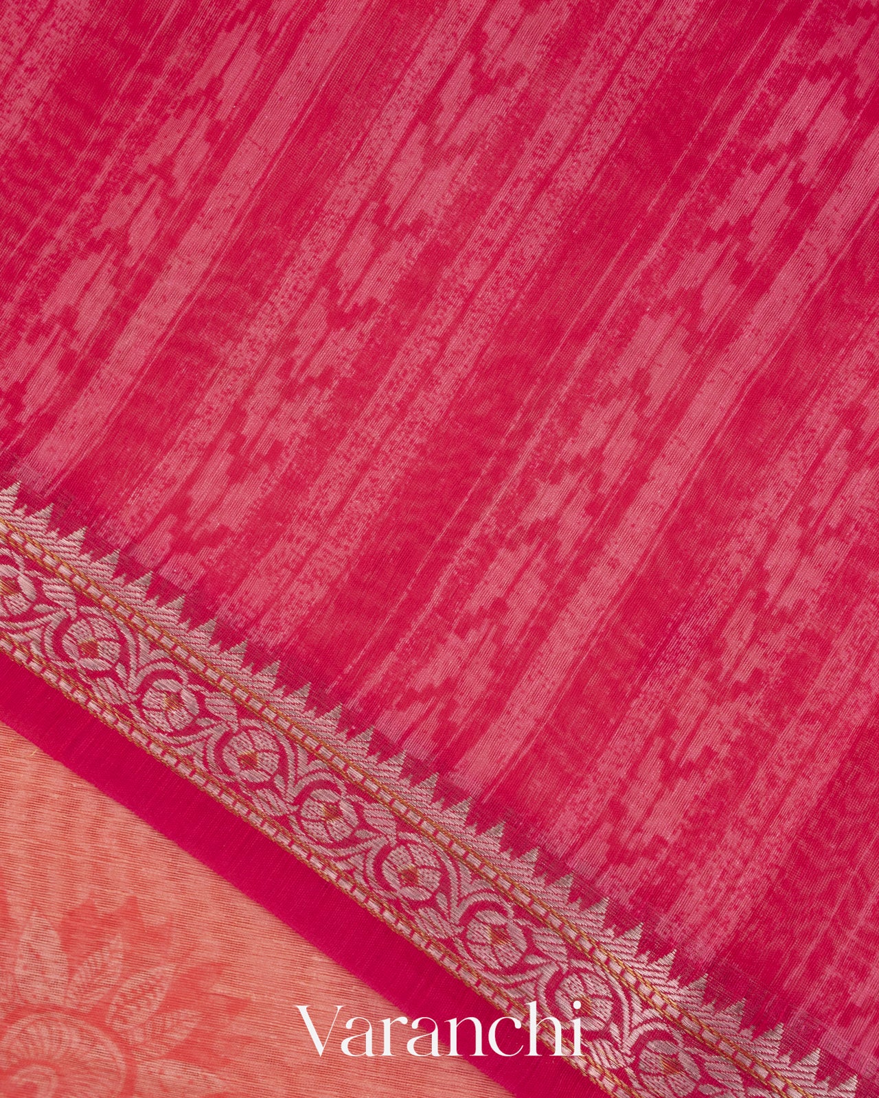 Coral Pink Printed Pure Silk Linen Saree