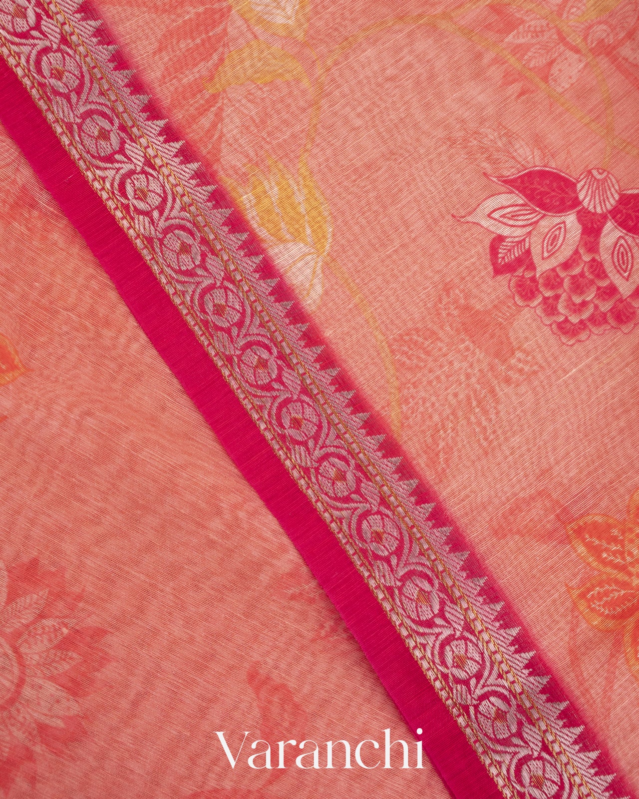 Coral Pink Printed Pure Silk Linen Saree
