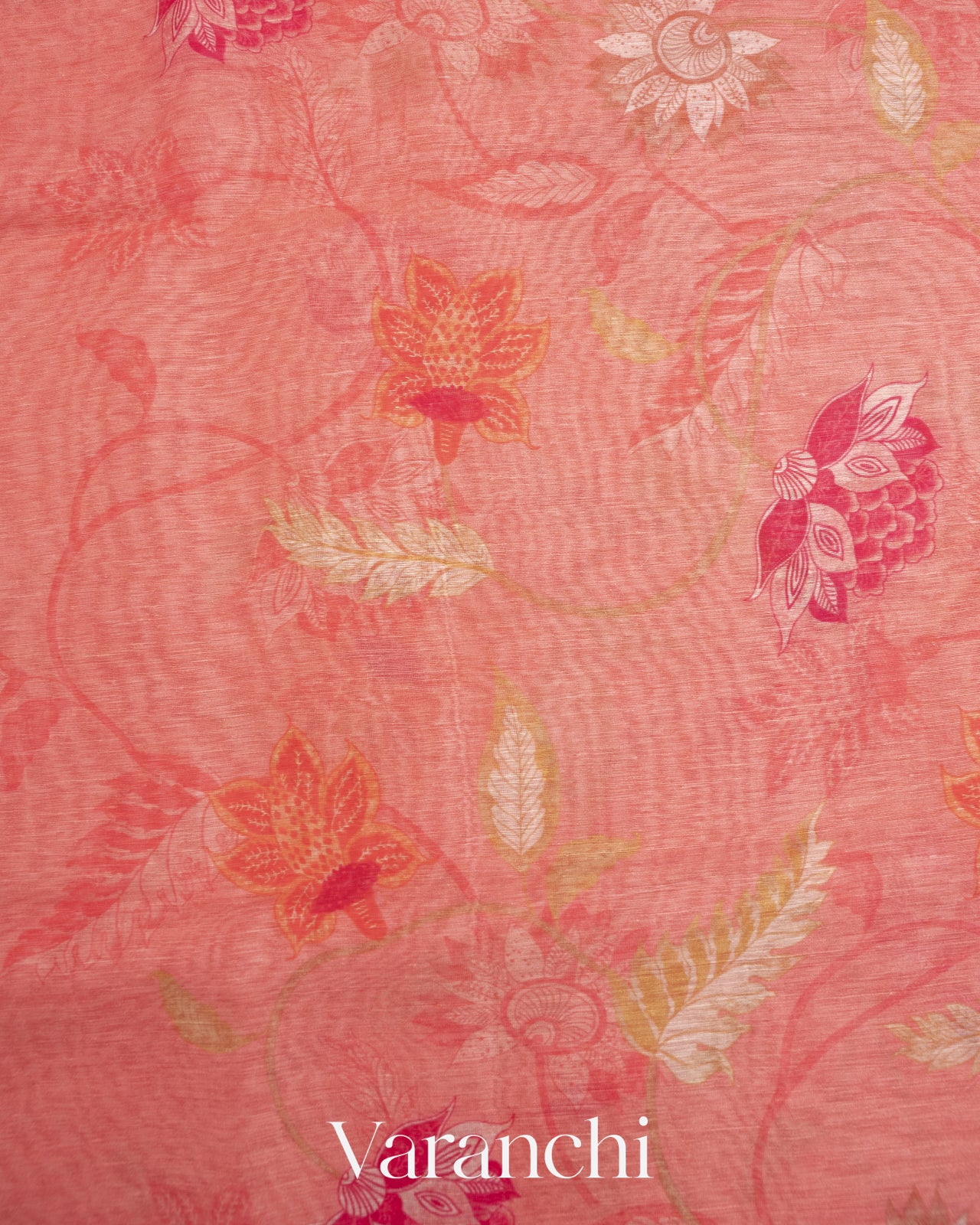 Coral Pink Printed Pure Silk Linen Saree
