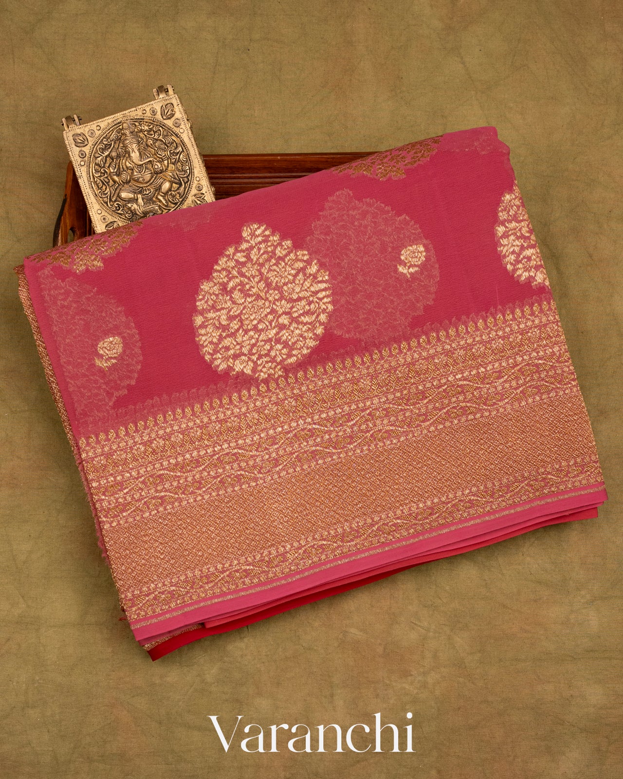 Coral Pink With Dusty Red Pure Georgette Silk Saree