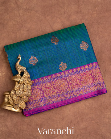 Peacock Blue Pure Dupion Silk Handloom Saree