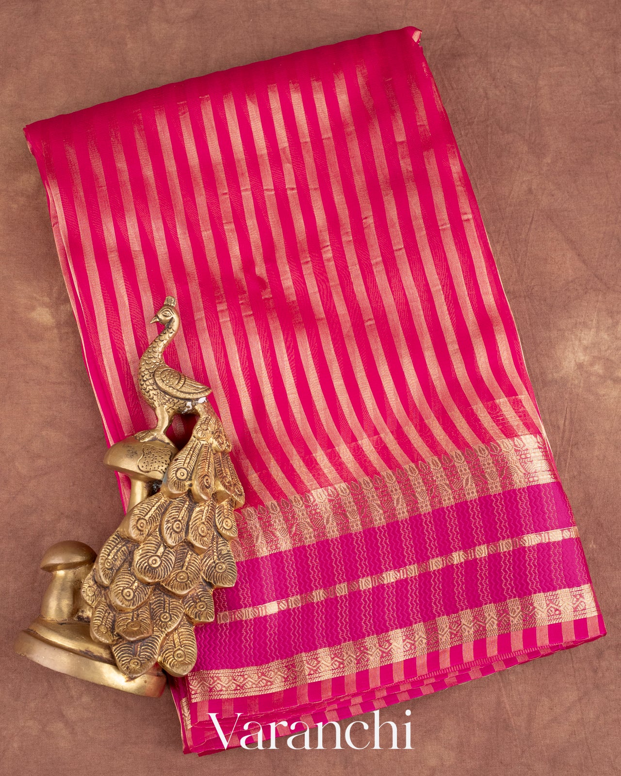 Rani Pink Pure Tissue Kora Striped Silk Saree