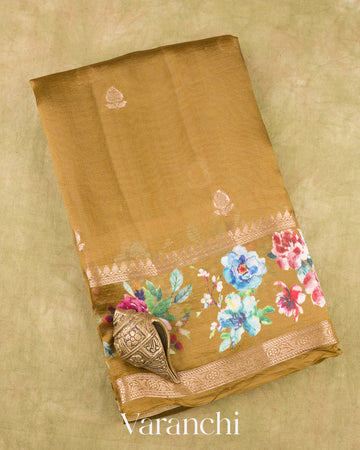 Mehandi Brown Floral Printed Pure Poona Silk Saree