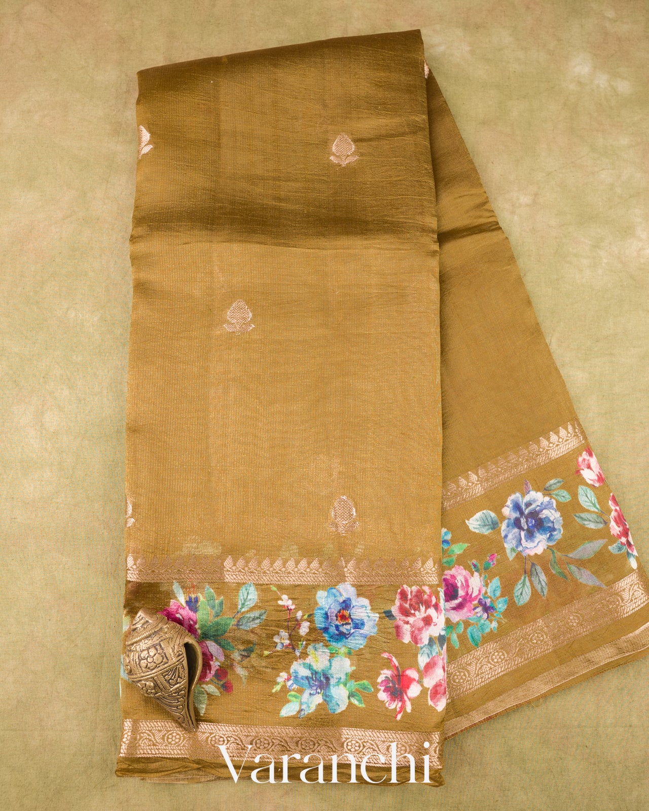 Mehandi Brown Floral Printed Pure Poona Silk Saree