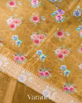 Mehandi Brown Floral Printed Pure Poona Silk Saree