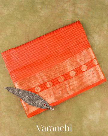Bright Orange Checks Pure Poona Silk Saree