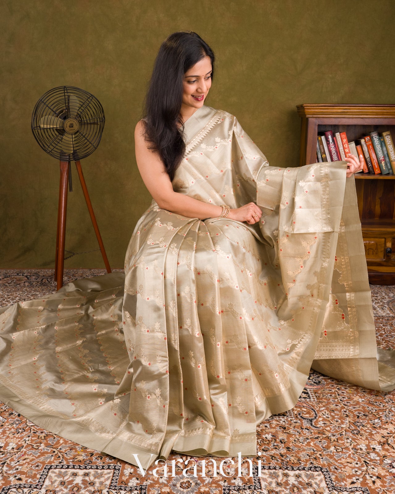 powdered ivory Pure Poona Silk Saree 