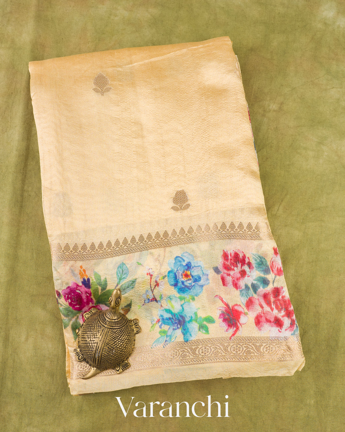 Butter Yellow Floral Printed Pure Poona Silk Saree