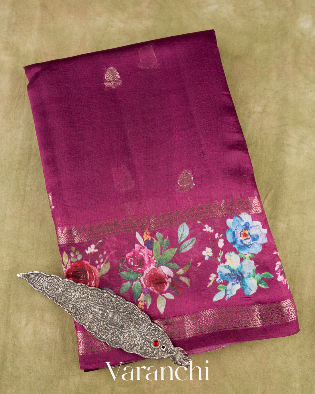 Wine Purple Floral Printed Pure Poona Silk Saree