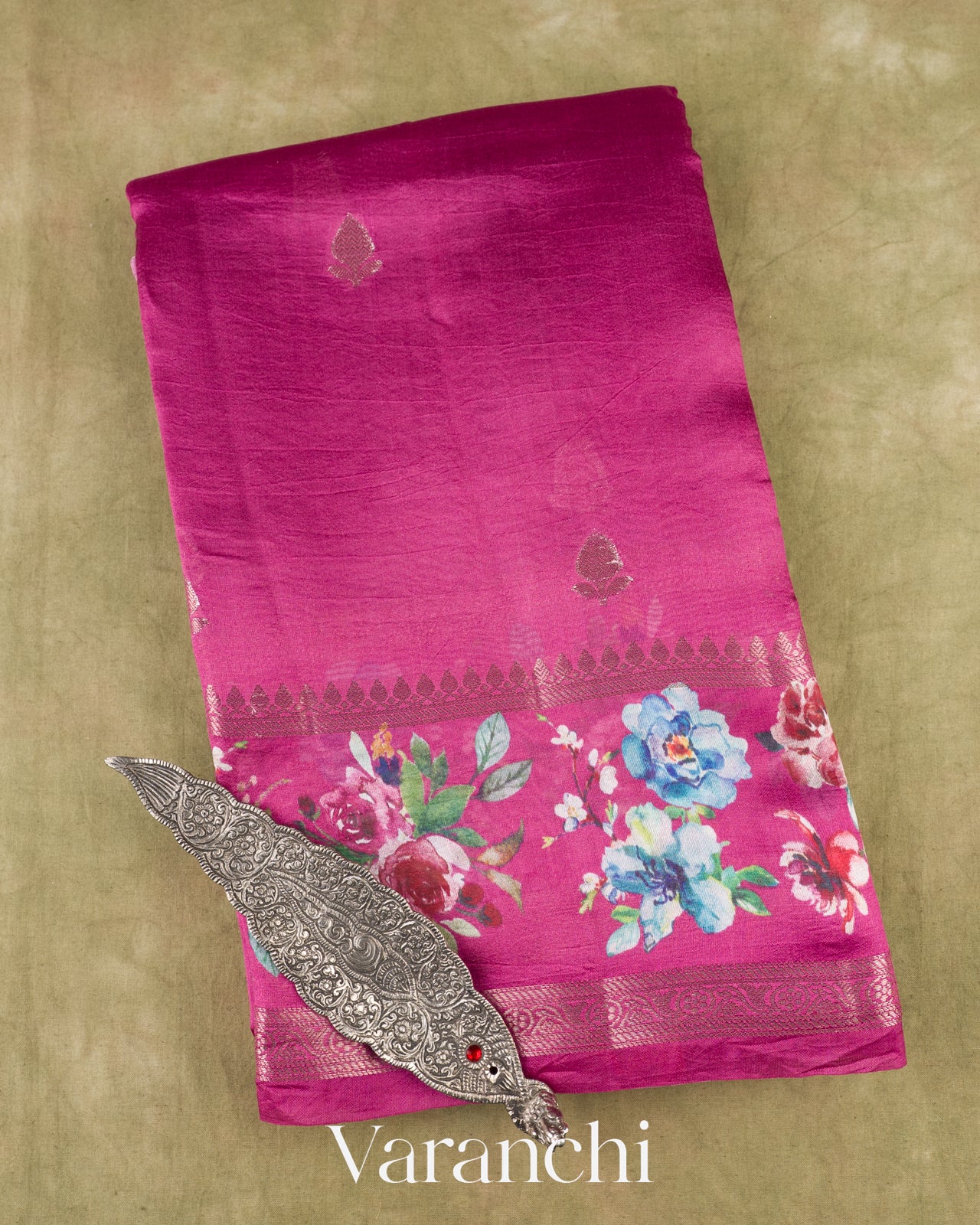 Pink Floral Printed Pure Poona Silk Saree
