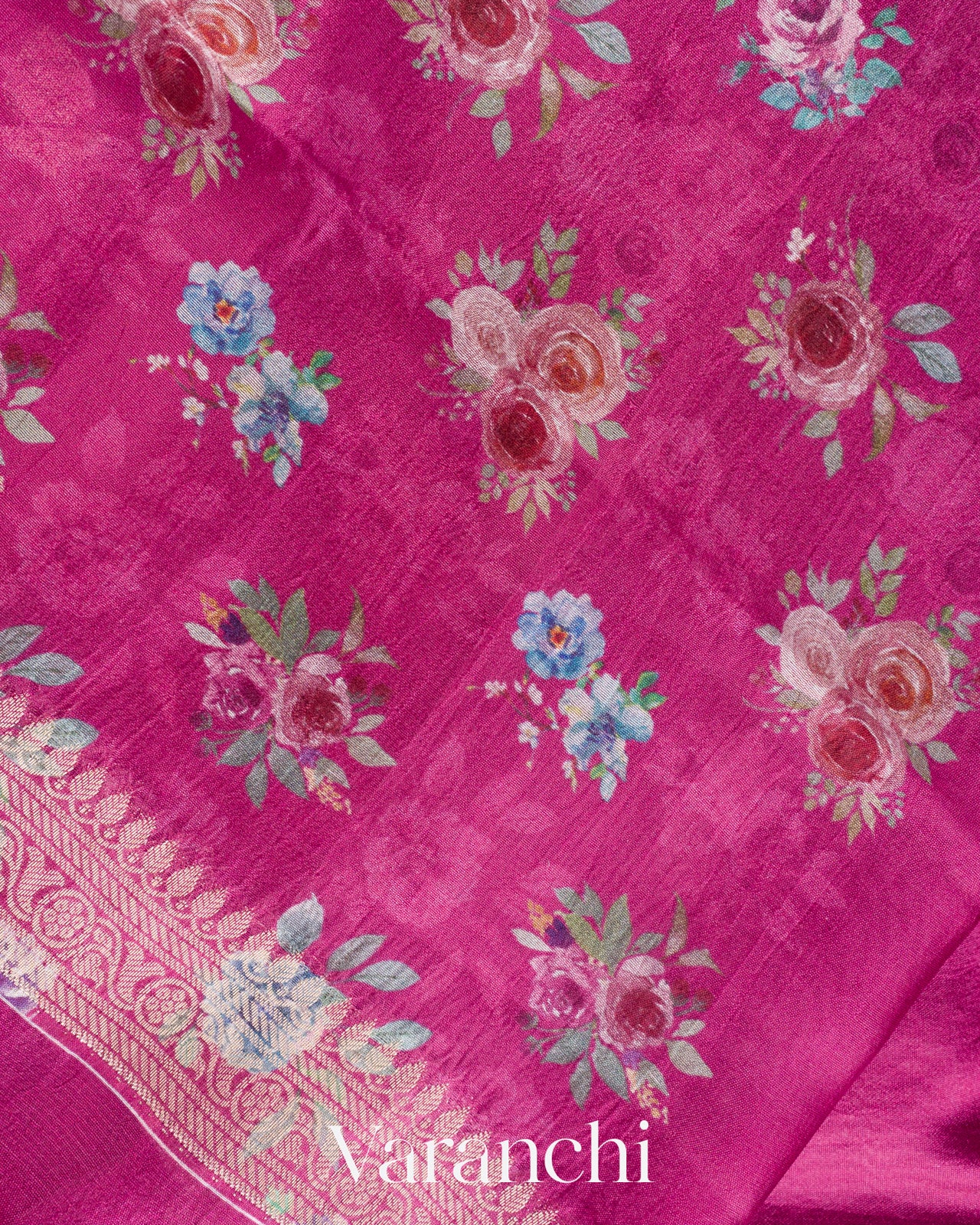 Pink Floral Printed Pure Poona Silk Saree