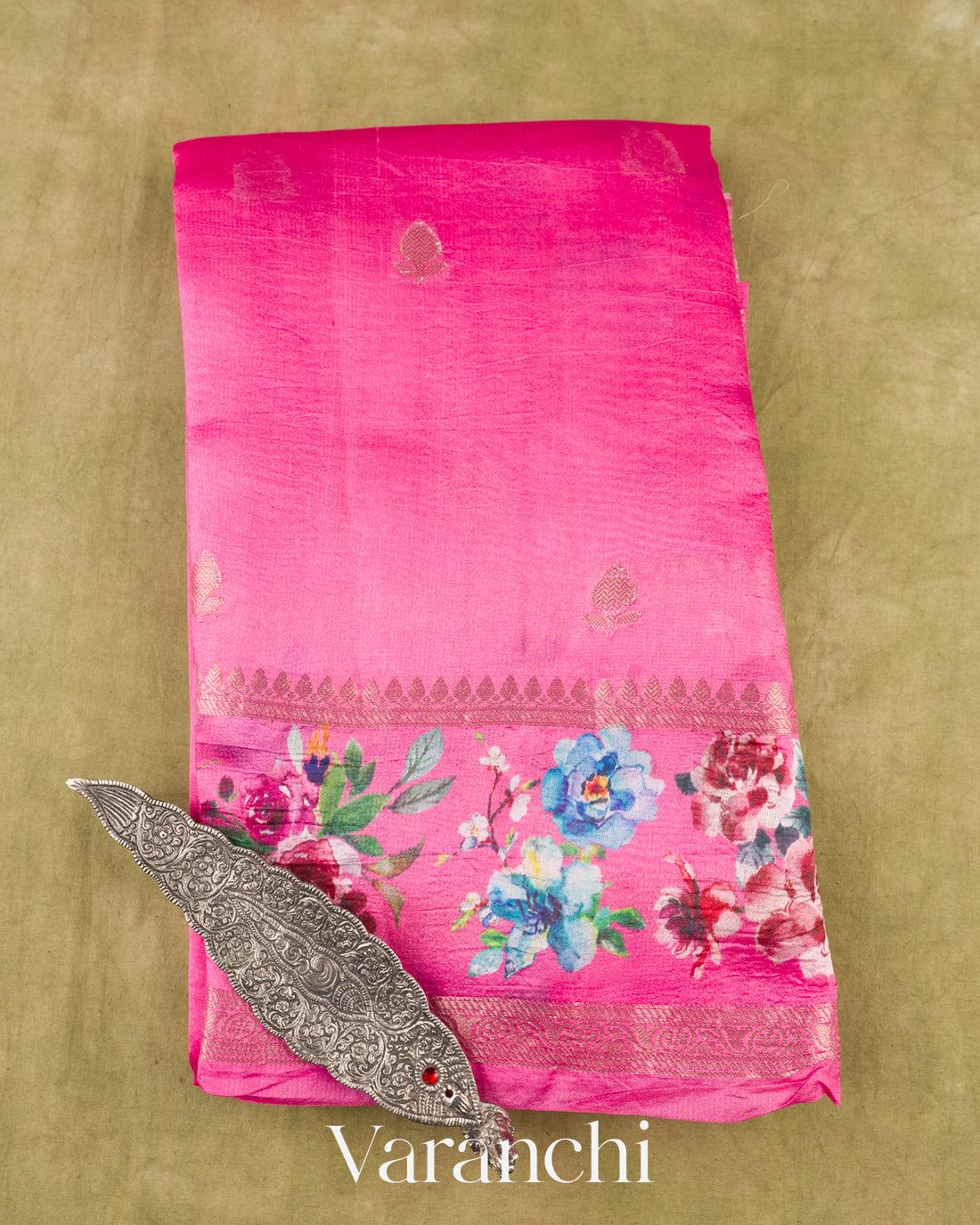 Bright Pink Floral Printed Pure Poona Silk Saree