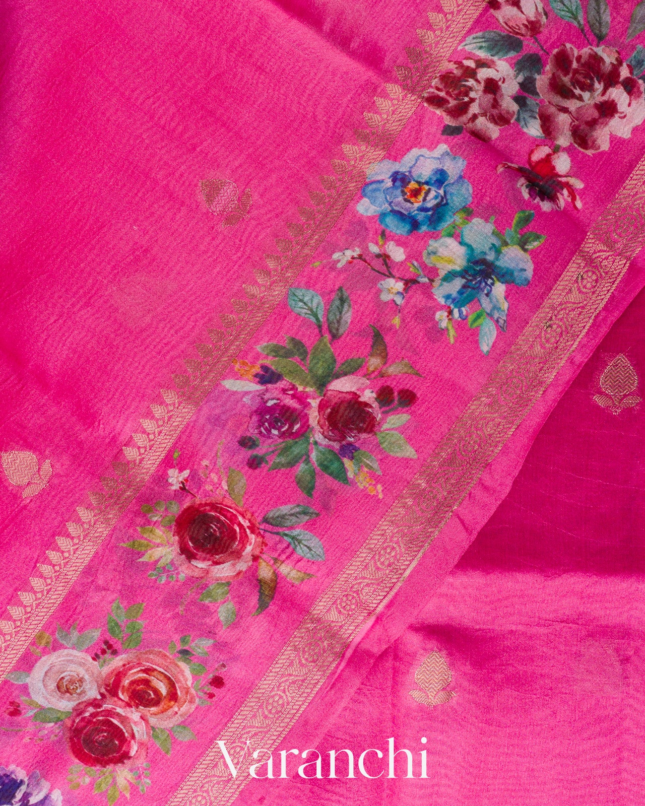 Bright Pink Floral Printed Pure Poona Silk Saree
