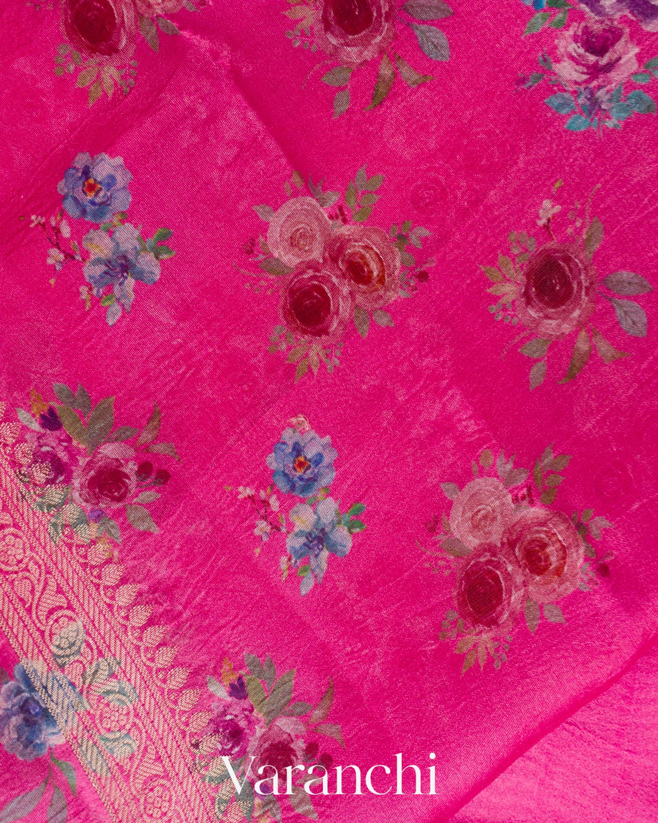 Bright Pink Floral Printed Pure Poona Silk Saree