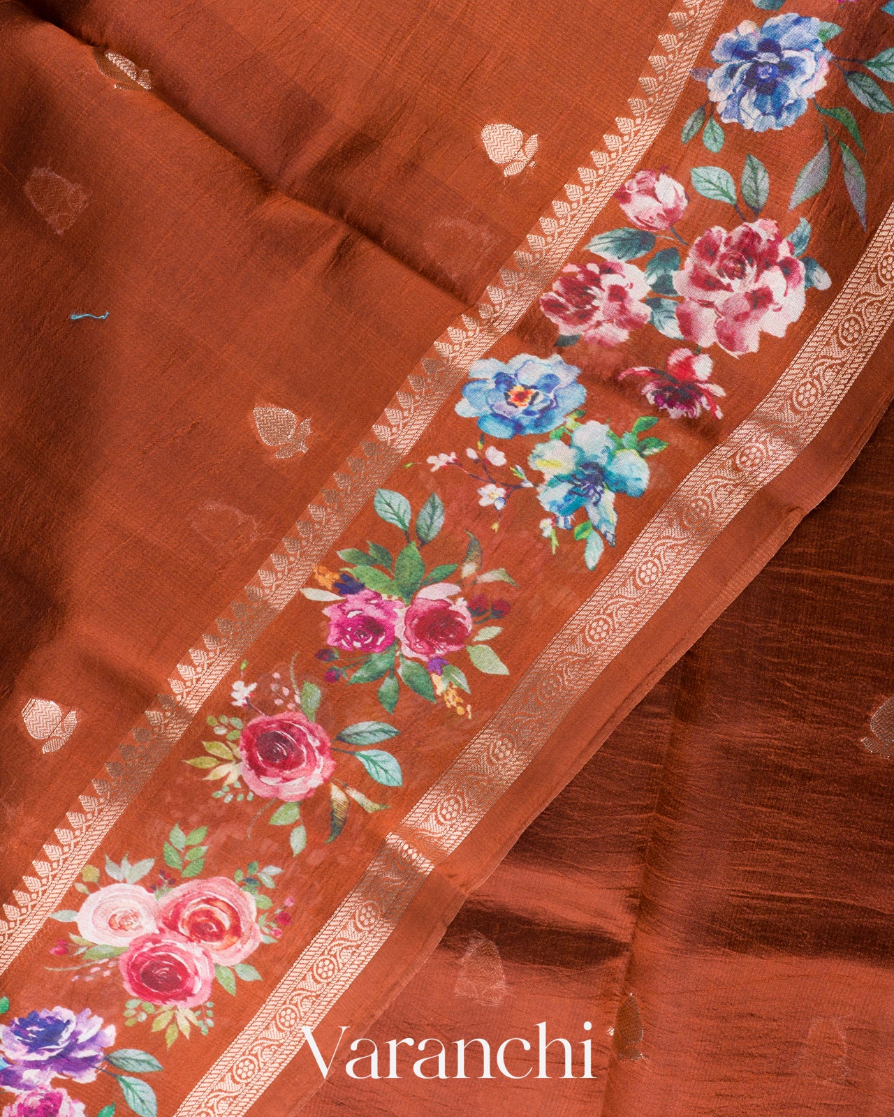 Rust Brown Floral Printed Pure Poona Silk Saree