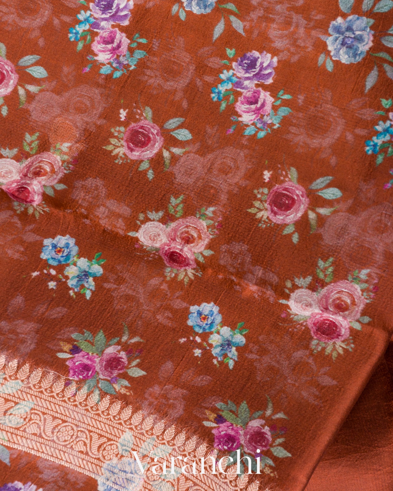 Rust Brown Floral Printed Pure Poona Silk Saree