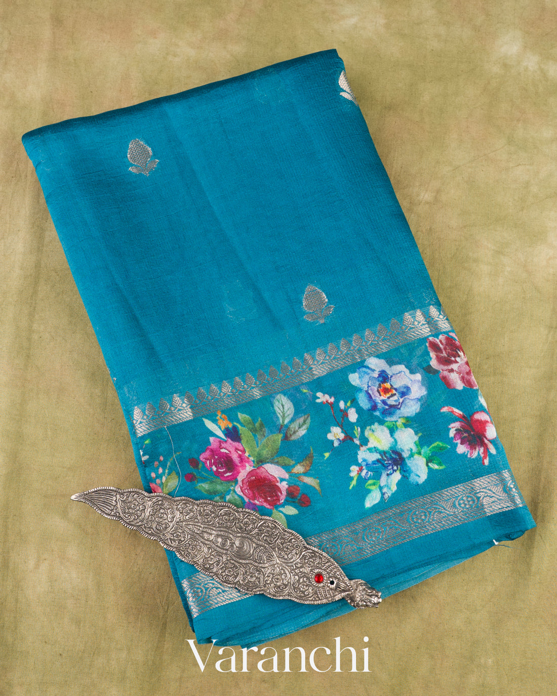 Deep Turquoise Floral Printed Pure Poona Silk Saree