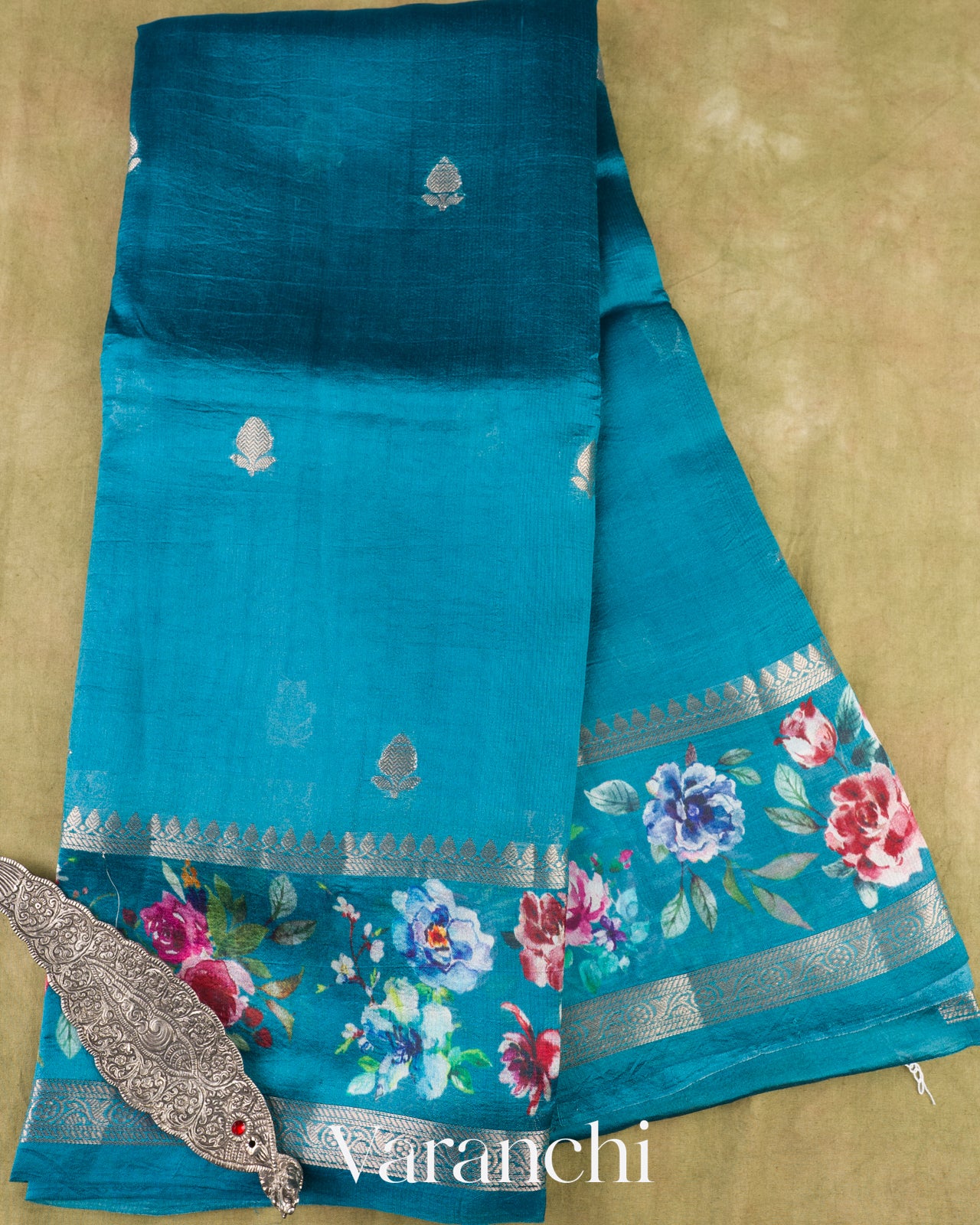 Deep Turquoise Floral Printed Pure Poona Silk Saree