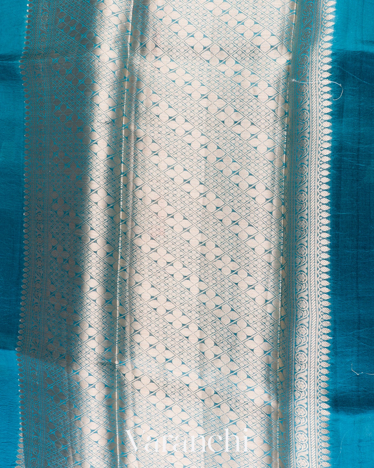 Deep Turquoise Floral Printed Pure Poona Silk Saree