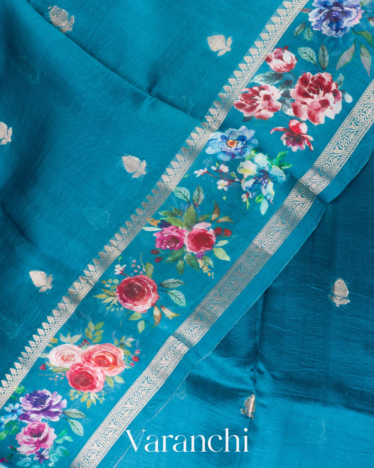 Deep Turquoise Floral Printed Pure Poona Silk Saree