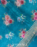 Deep Turquoise Floral Printed Pure Poona Silk Saree