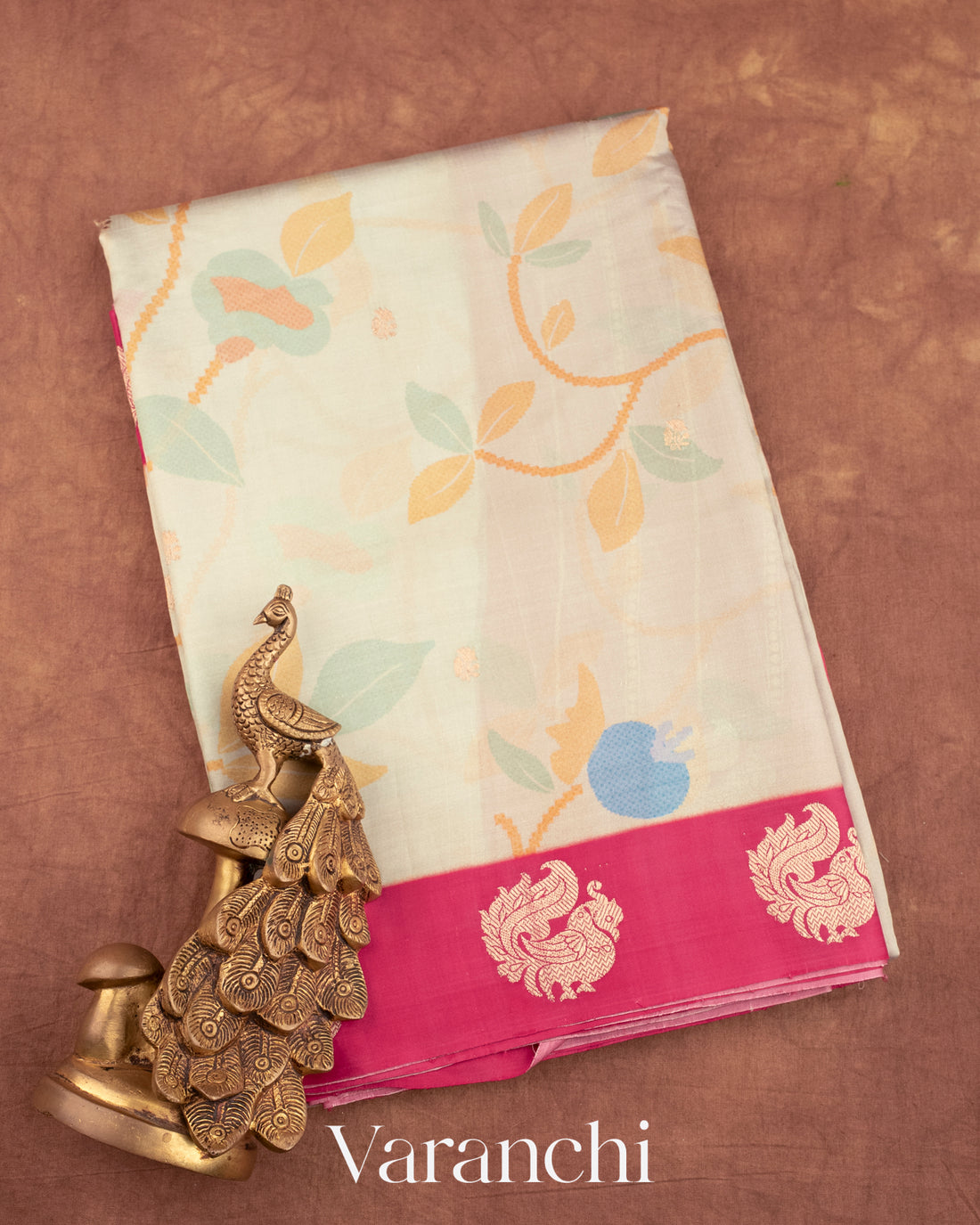 Off White Floral Printed Pure Raw Mango Silk Handloom Saree