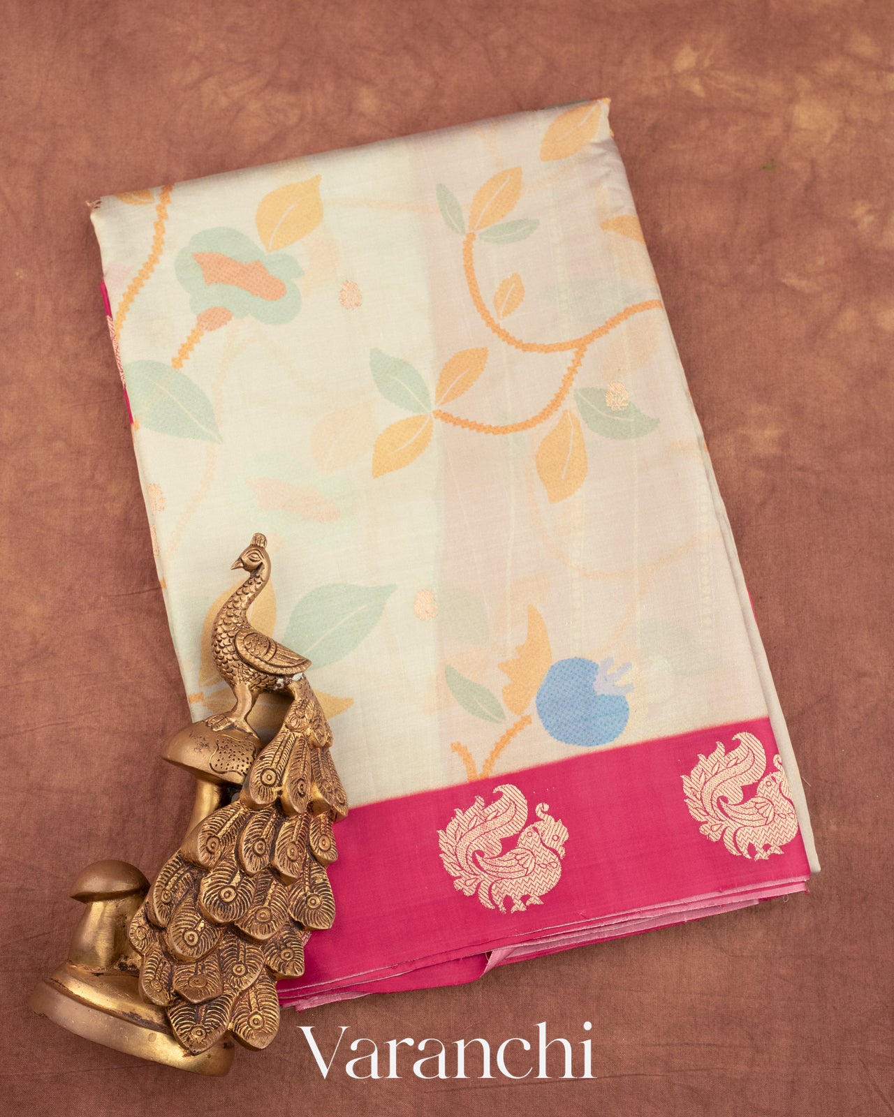 Off White Floral Printed Pure Raw Mango Silk Handloom Saree