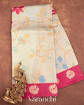 Off White Floral Printed Pure Raw Mango Silk Handloom Saree