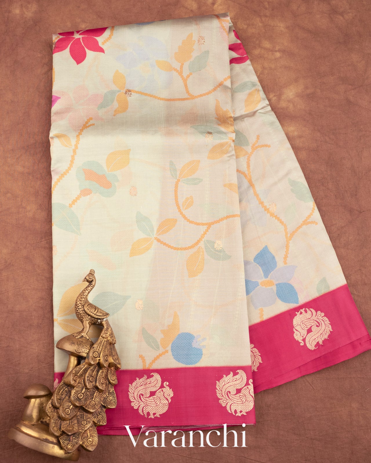Off White Floral Printed Pure Raw Mango Silk Handloom Saree