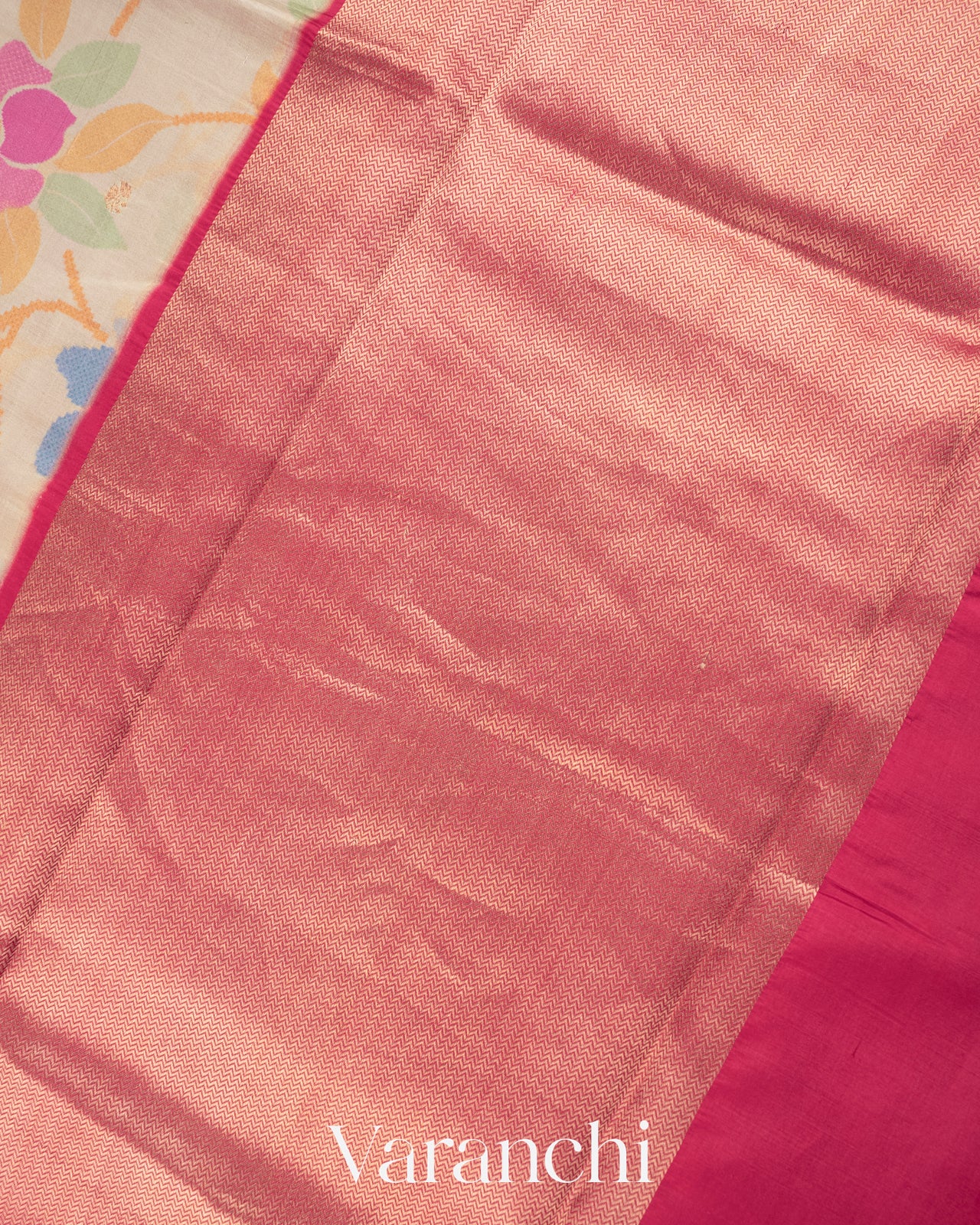 Off White Floral Printed Pure Raw Mango Silk Handloom Saree