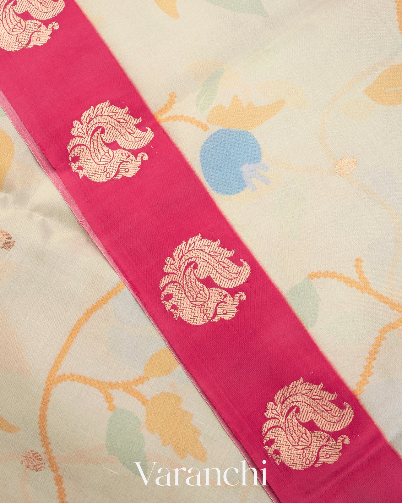 Off White Floral Printed Pure Raw Mango Silk Handloom Saree