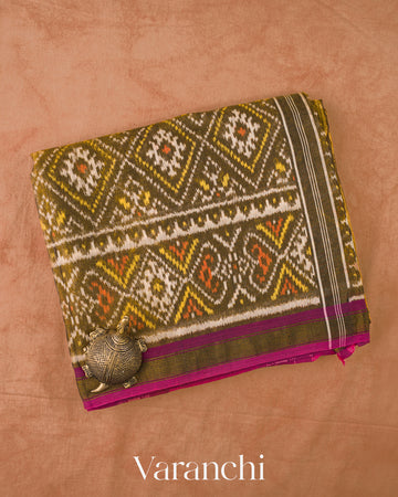Olive Green Pure Rajkot Patola Cotton Tissue Handloom Saree