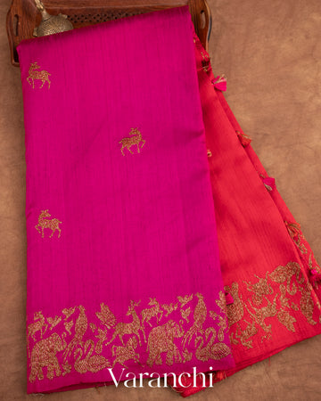 Rani Pink and Fiery Red Ombre-Dyed Raw Silk Handloom Saree