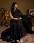Jet Black Borderless Pure Raw Silk Handloom Saree