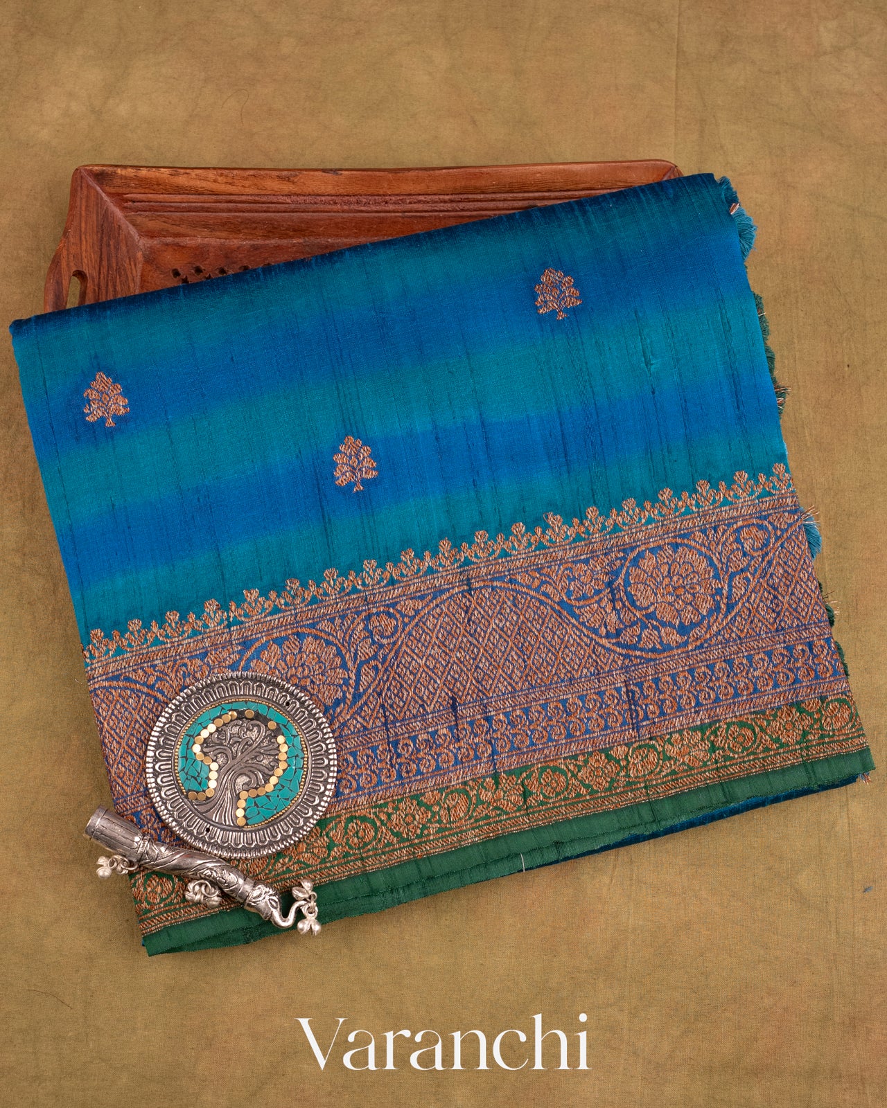 Ink Blue Shibori with Flower Motif Pure Raw Silk Handloom Saree