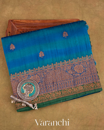 Ink Blue Shibori with Flower Motif Pure Raw Silk Handloom Saree