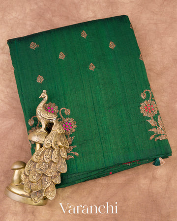 Dark Green Borderless Pure Raw Silk Handloom Saree