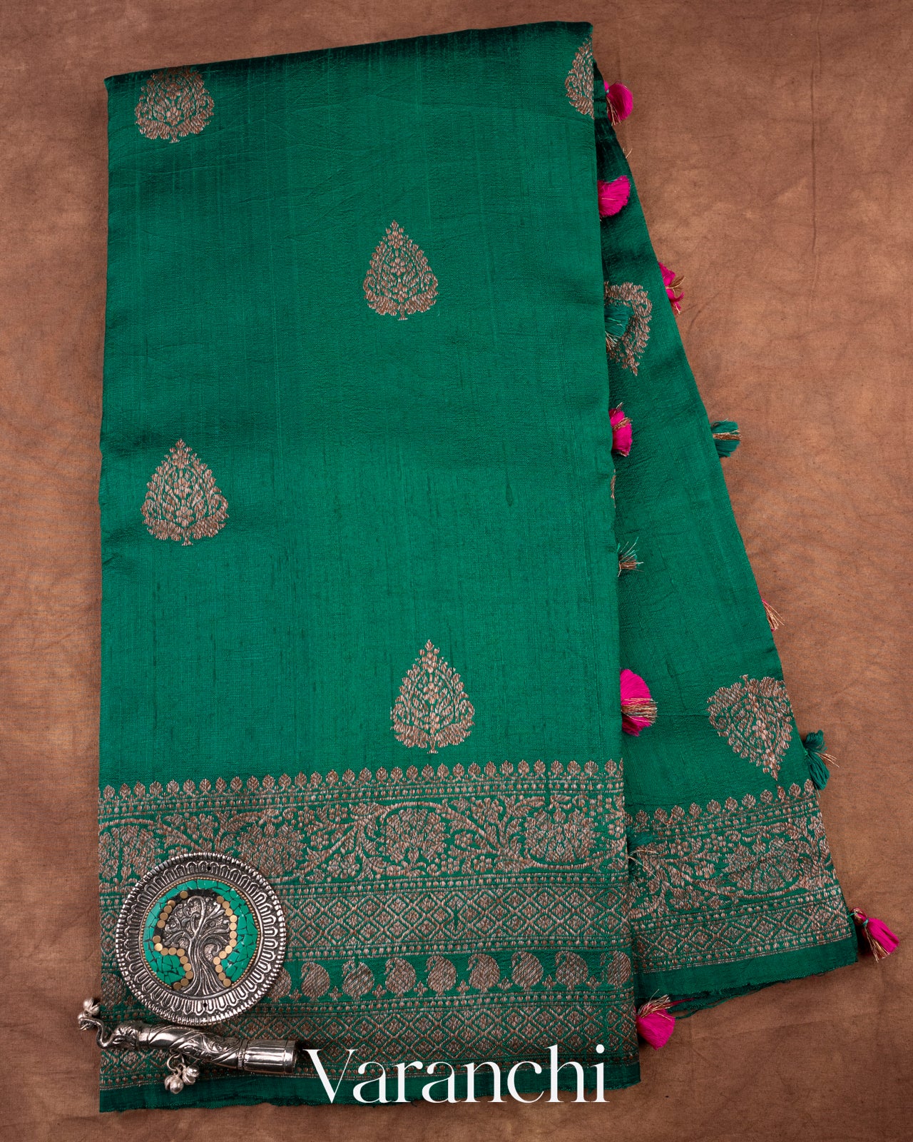 Emerald Green Pure Raw Silk Handloom Saree