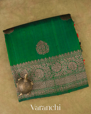 Dark Green with Red Pure Raw Silk Handloom Saree