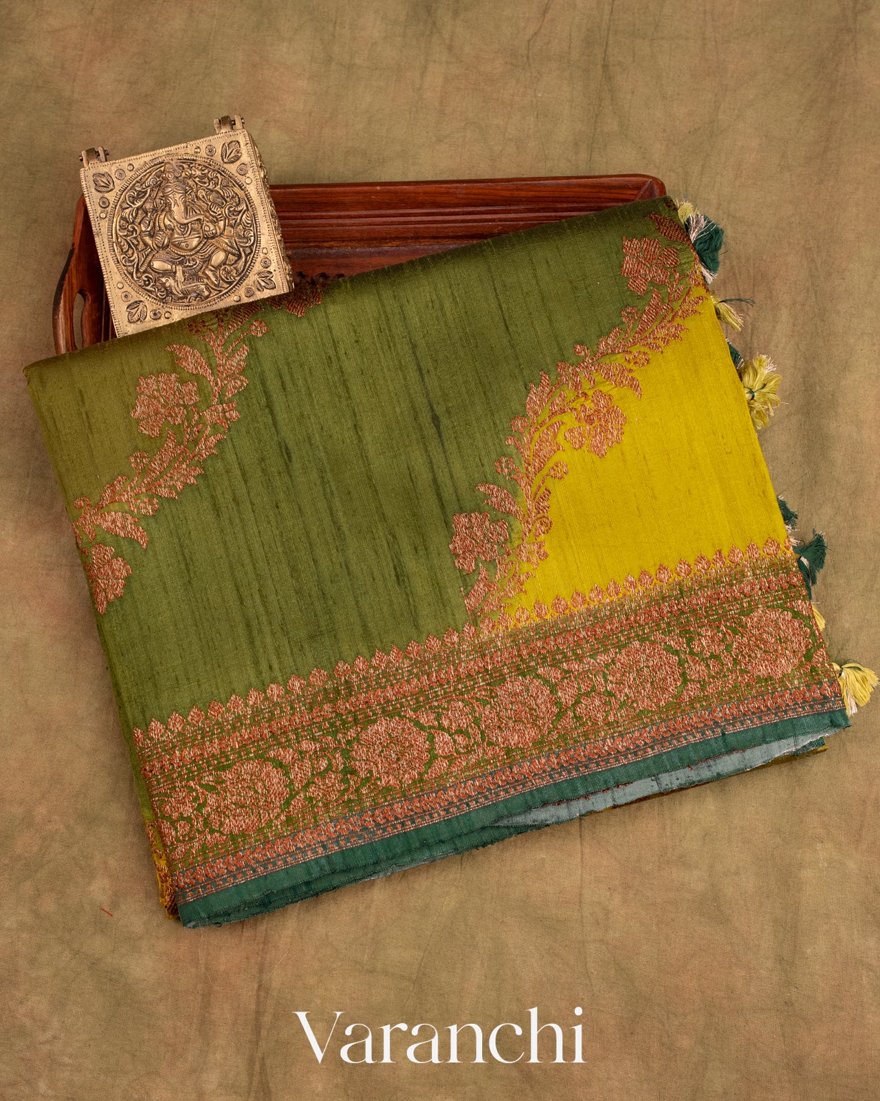Olive Green Tricolour Rangkaat Pure Raw Silk Handloom Saree