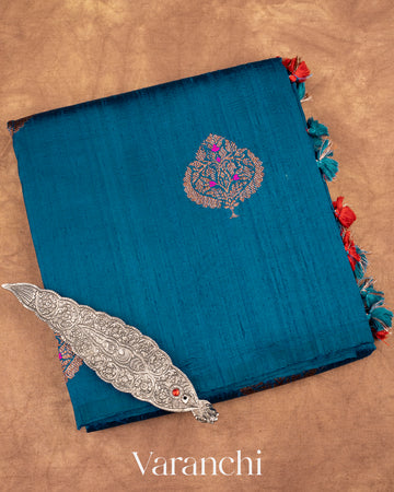 Indigo Blue Borderless Raw Silk Handloom Saree
