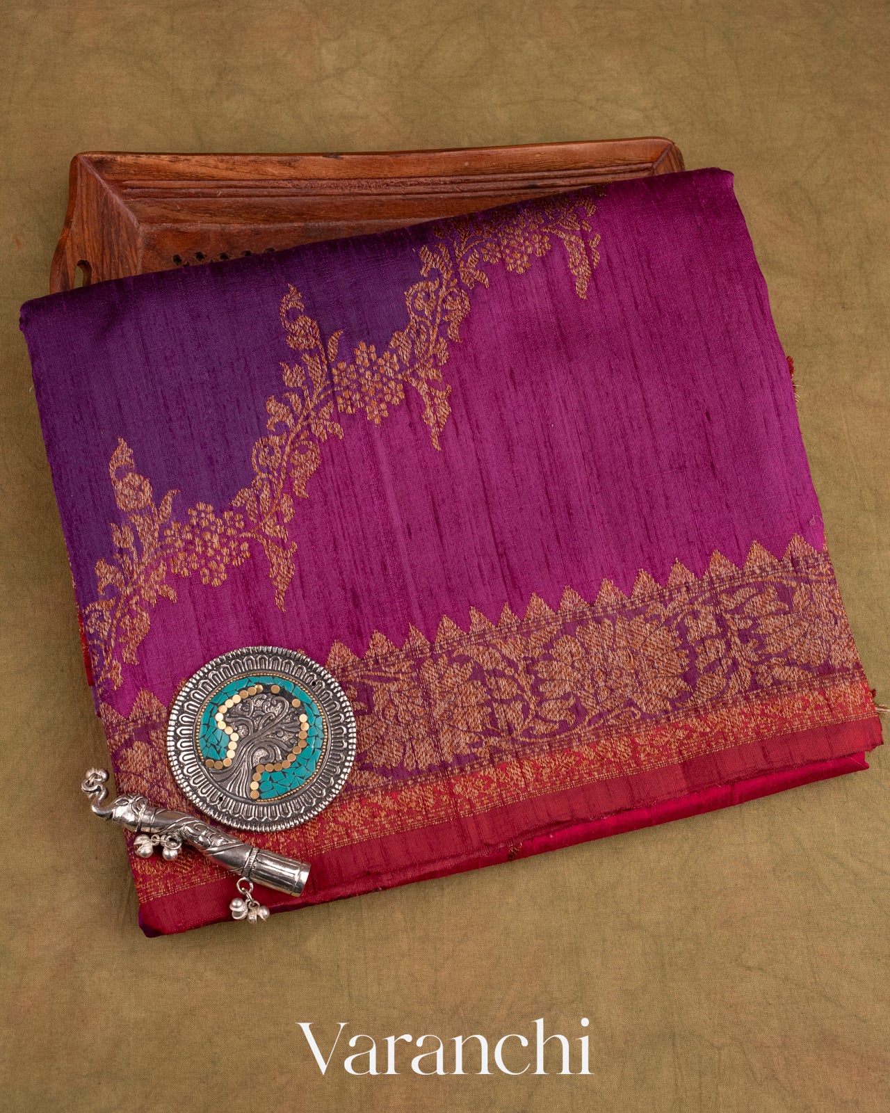 Purple Tricolour Rangkaat Pure Raw Silk Handloom Saree