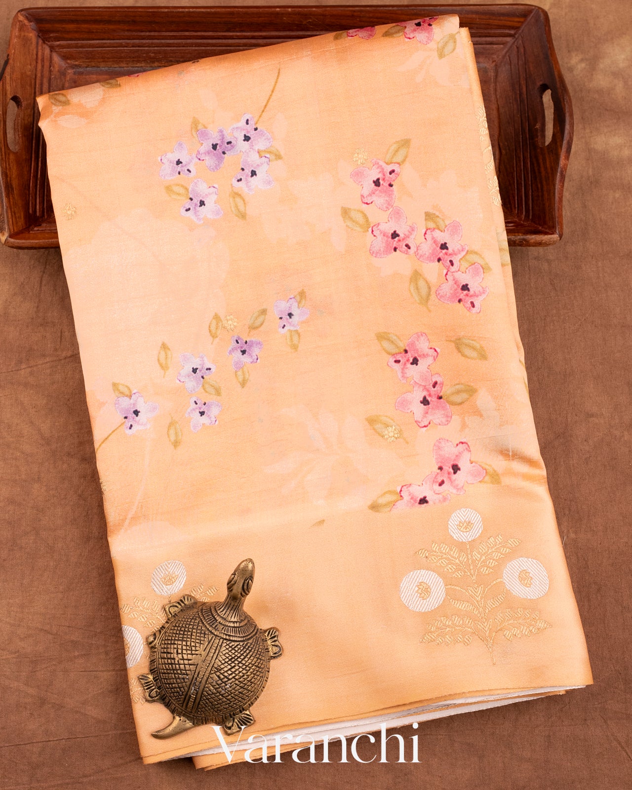 Cream Floral Printed Pure Raw Mango Silk Handloom Saree