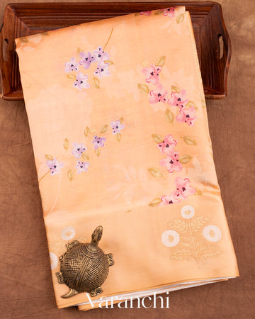 Cream Floral Printed Pure Raw Mango Silk Handloom Saree