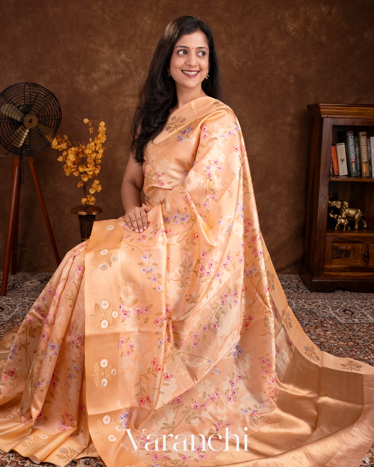 Cream Floral Printed Pure Raw Mango Silk Handloom Saree