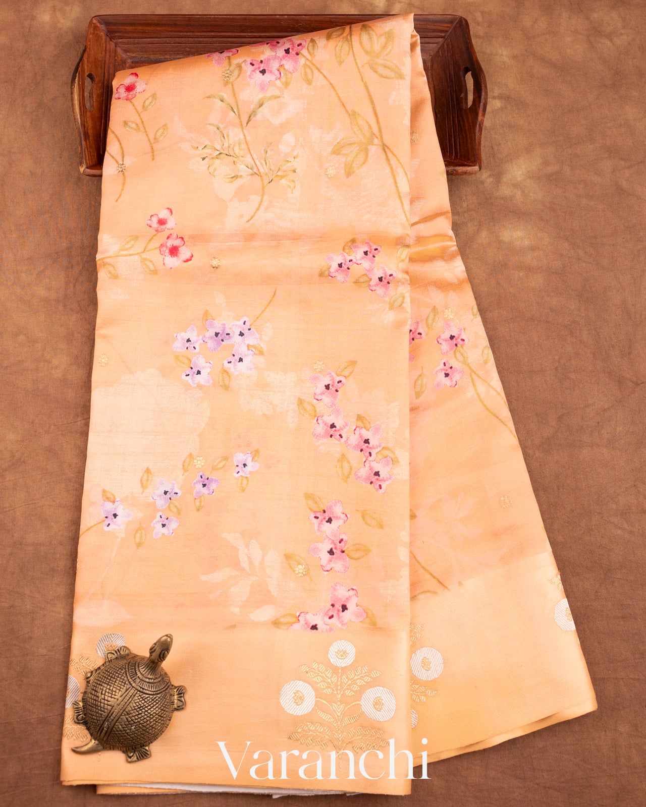Cream Floral Printed Pure Raw Mango Silk Handloom Saree