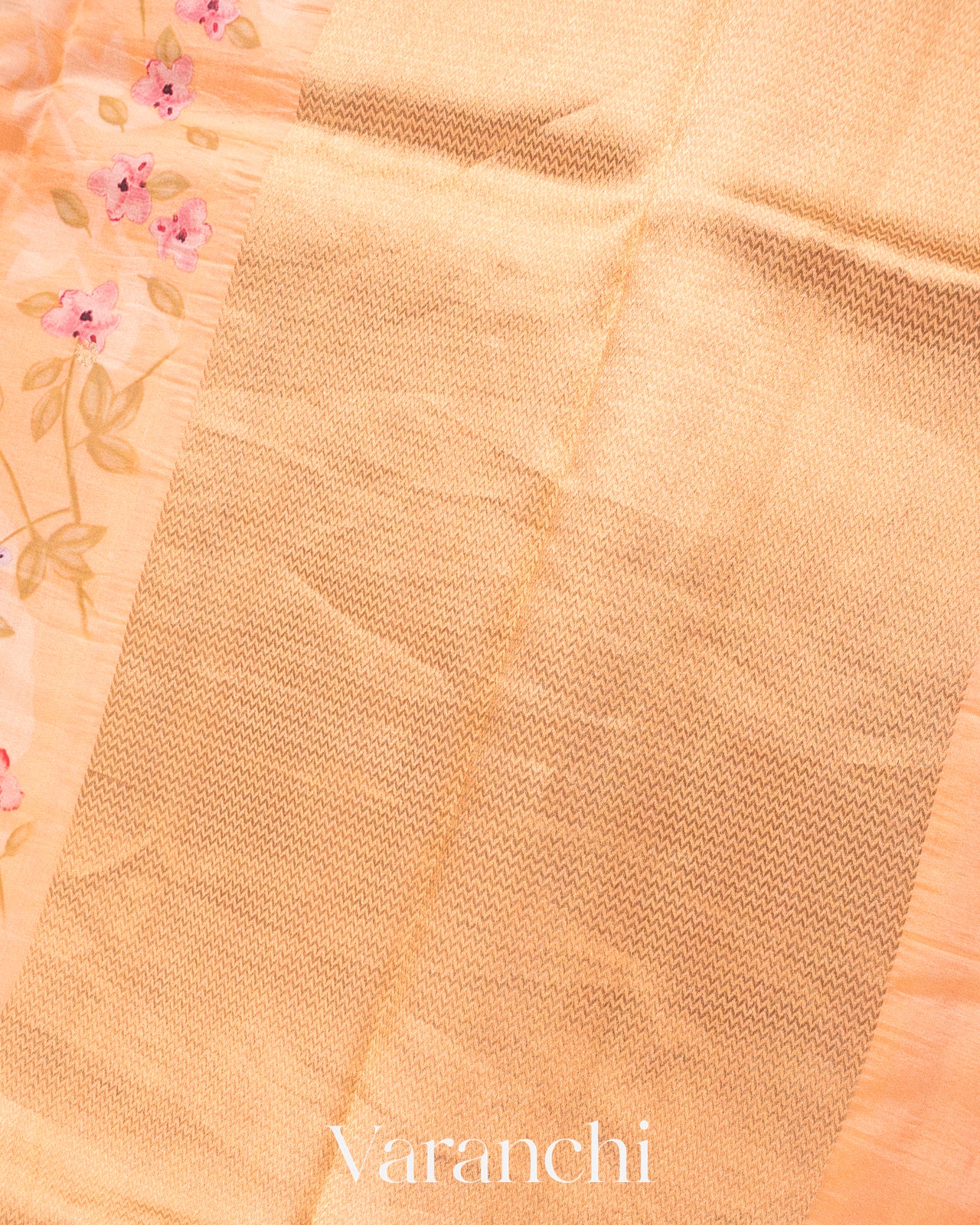 Cream Floral Printed Pure Raw Mango Silk Handloom Saree