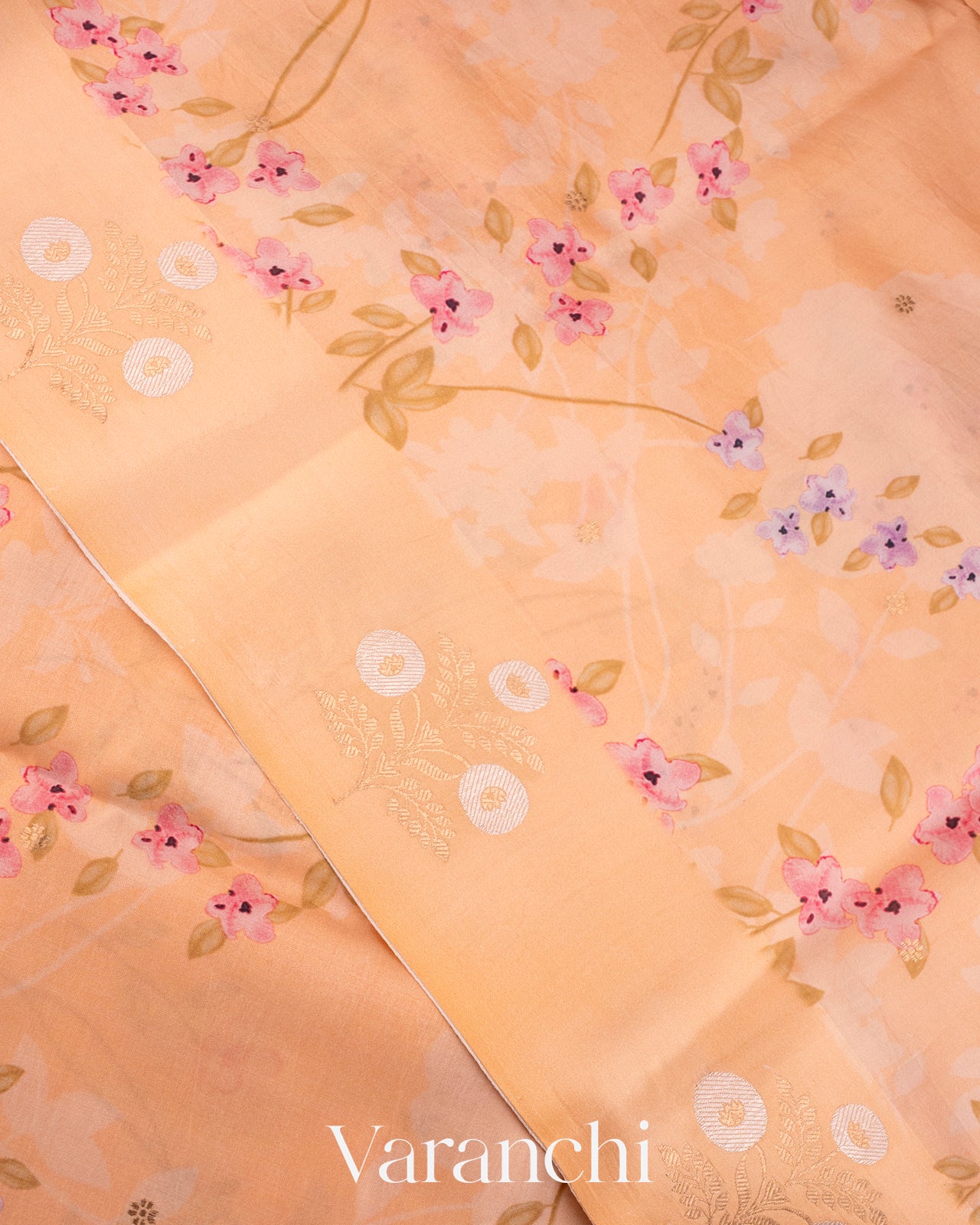 Cream Floral Printed Pure Raw Mango Silk Handloom Saree