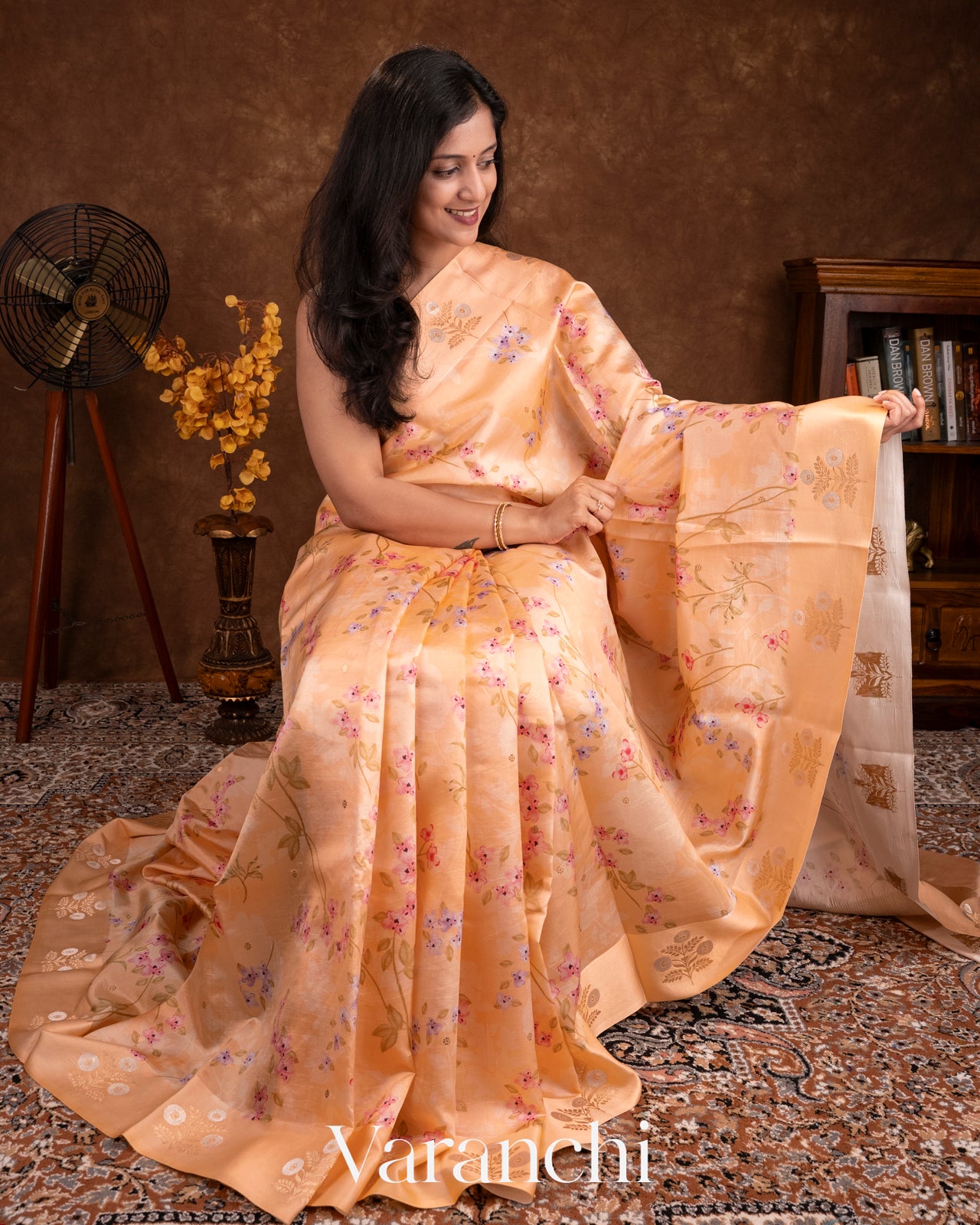 Cream Floral Printed Pure Raw Mango Silk Handloom Saree